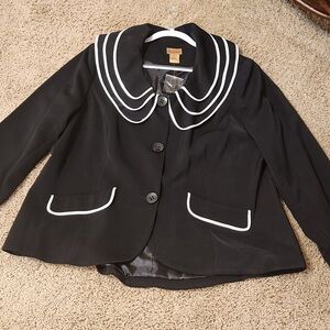 2 pc Black Button-Front Jacket with White Piped Sailor Collar and skirt.